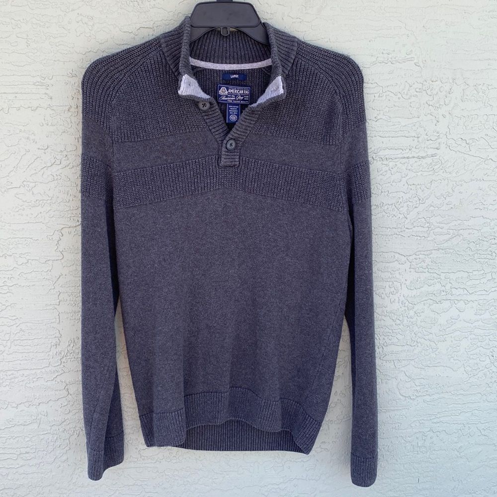 American Rag Sz L Gray Button Neck Sweater